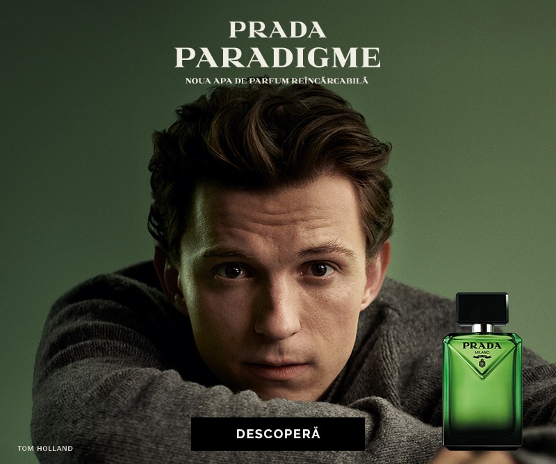Parfum Prada Paradigme, sticlă verde elegantă cu design reîncărcabil, prezentare produs.